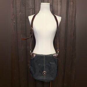 Dooney & Bourke Wayfarer Black Nylon Brown Leather Small Crossbody Shoulder Bag